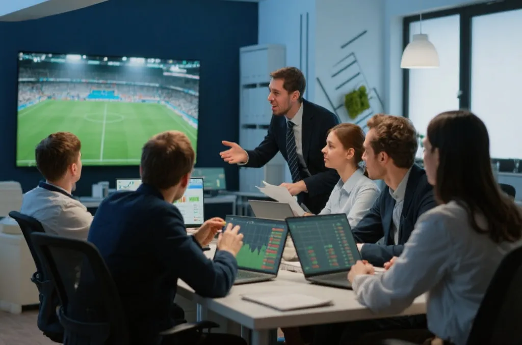 多人在观看比赛并分析数据的场景，现代办公风格