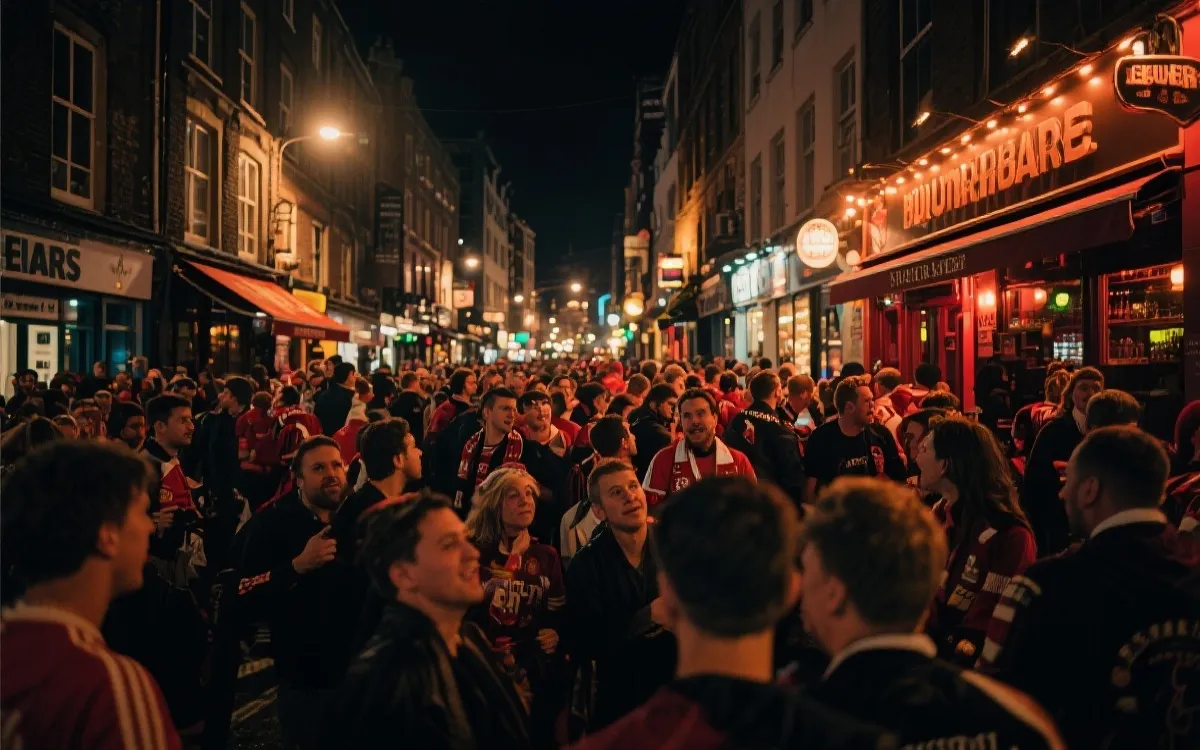 赛后球迷在城市街区餐吧聚会的氛围图