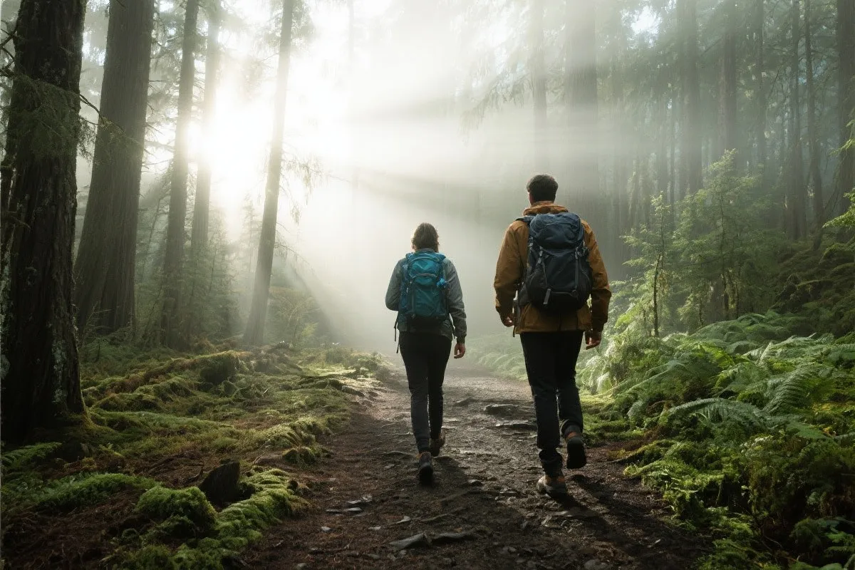 温哥华周边山林步道与观景点，游客背轻量背包分层穿搭