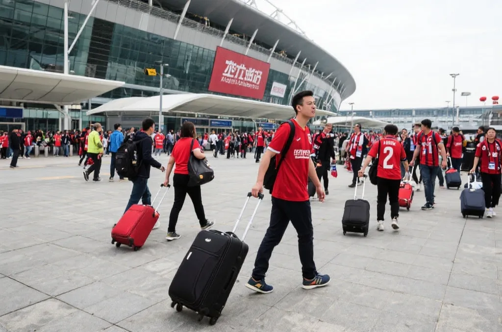 球迷在机场和球场之间规划跨国行程的旅行路线场景